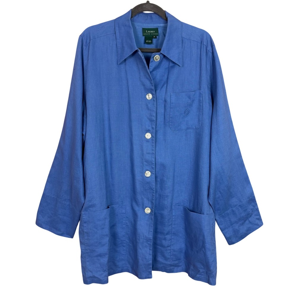 Lauren Ralph Lauren Blue Linen Button Down Shirt Jacket Chore Coat Womens 2X